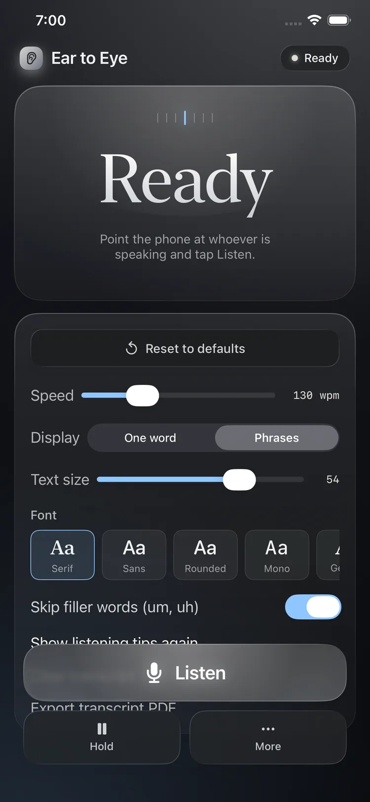 Settings: pace, word or phrase display, text size